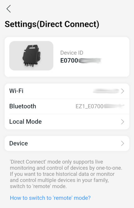 Screenshot of the AP EasyPower application for the Device Settings page showing direct connect