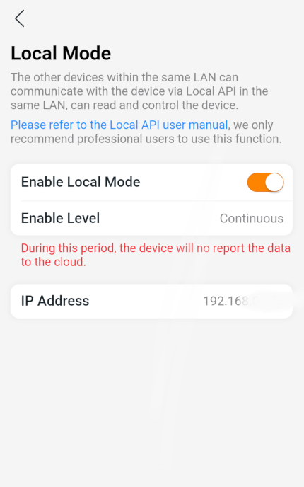 Screenshot of the AP EasyPower application for the Device local-mode page showing correct options with enable-local mode and enable level continuous